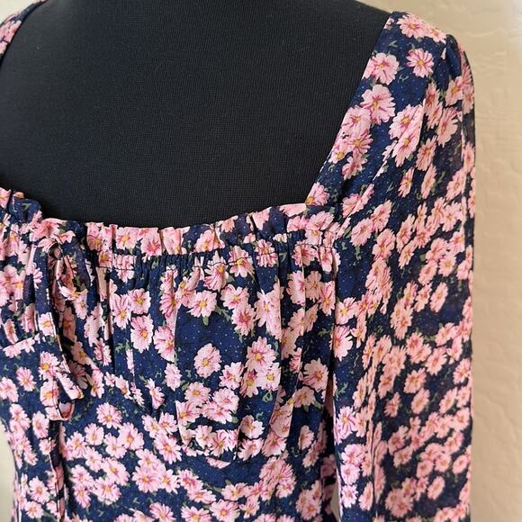 Lush Ditsy Floral Print Tie Front Puff Long Sleeve Minidress Blue Pink NEW Sz M - Picture 7 of 15